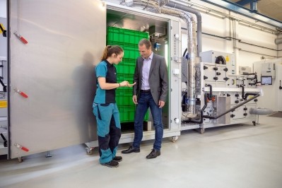 The  Insect Technology Center (ITC) includes two insect growth chambers that can mimic industrial production conditions. In picture: Jessica Wild, process engineer, and Andreas Baumann, head of market segment insect technology, Bühler. ©  Bühler   