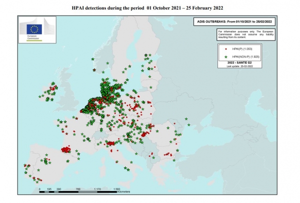 EU Commission map tracking bird flu outbreaks Feb 2022