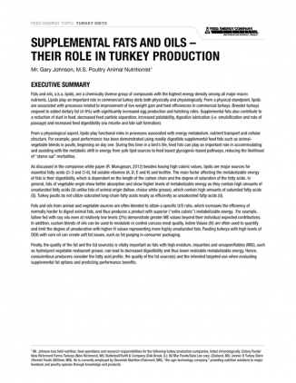 SUPPLEMENTAL FATS AND OILS – THEIR ROLE IN TURKEY PRODUCTION